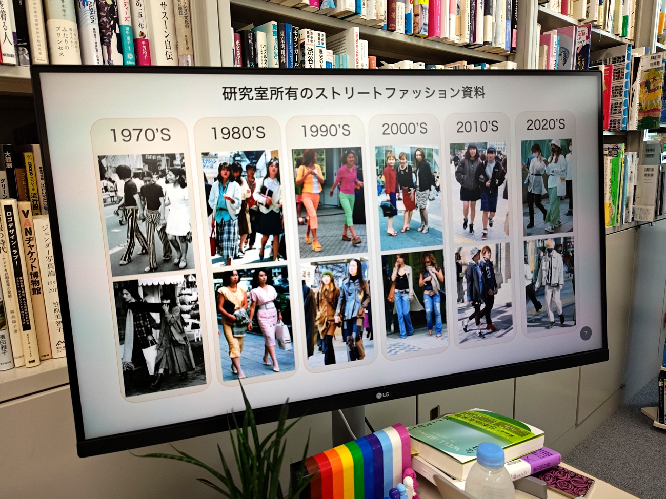 時代ごとの典型的ファッションの変遷。渡辺先生が観測する90年代以前の写真は、デザイナーの箱守廣氏コレクションの貸与、およびファッションの調査団体から寄贈された資料をデータベース化している